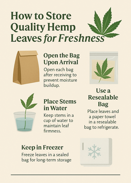 Learn how to properly store hemp leaves for botanical, craft, styling, and topical-prep use. Includes instructions for refrigeration, freezing, moisture control, and protective handling.